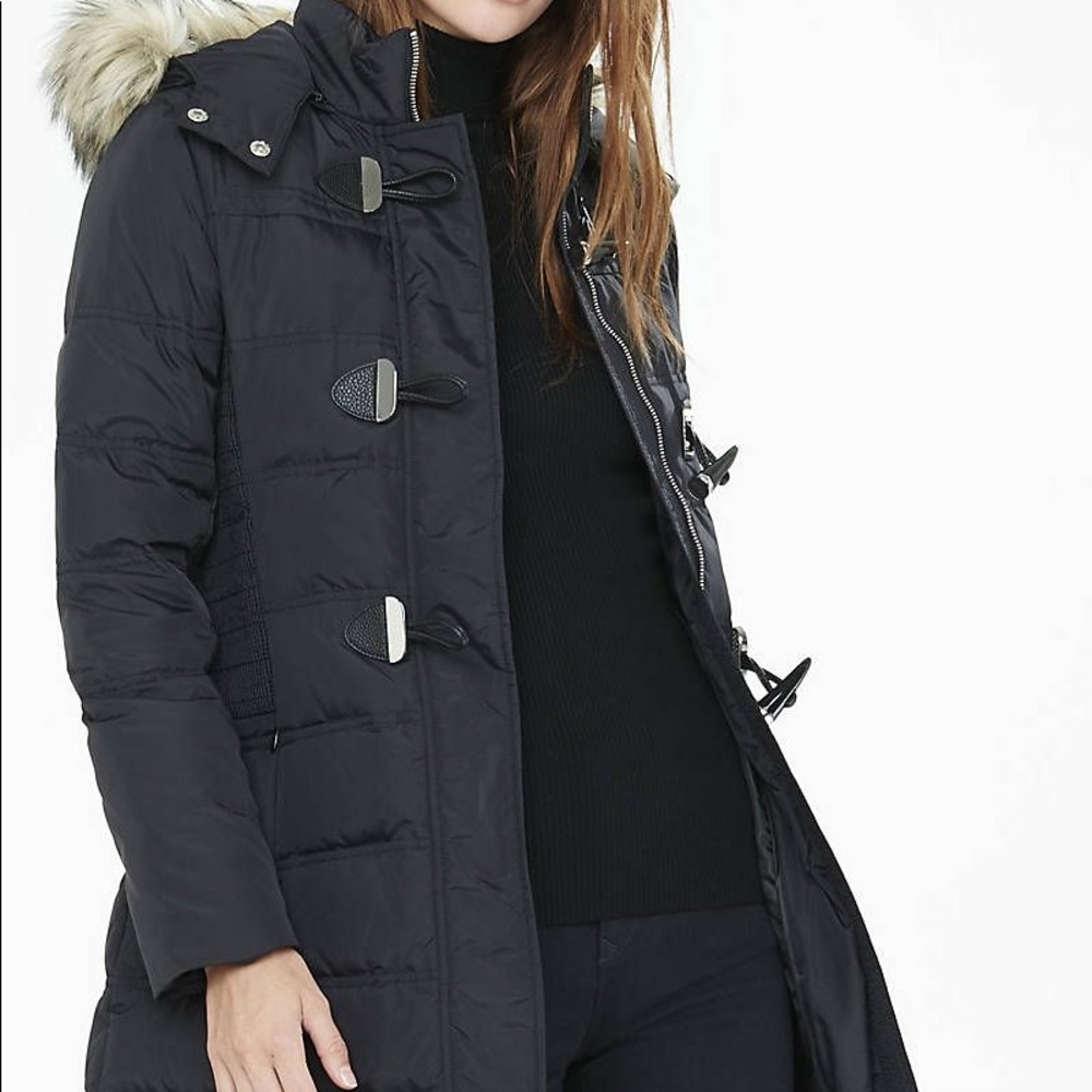 Express Black Woman’s Puffer Jacket with Detachable Fur Hood, Size Large
